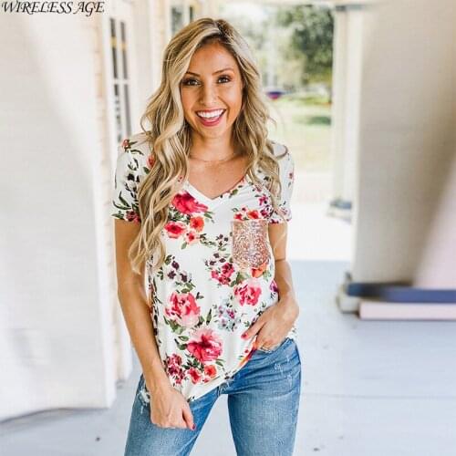 WIRELESS AGE T Shirt Women Short Sleeve Round Neck Floral Pocket Printed Casual Pullover Loose Womens Tops Summer Fashion Wild