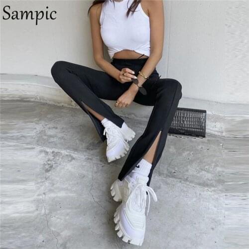 Sampic Fashion Black Khaki Autumn Women Skinny Office Front Split Trousers High Waist Pants Long Slim Winter 2020 Design Pants