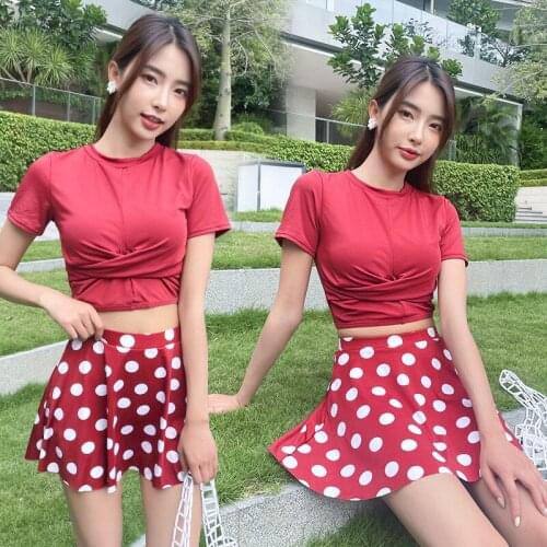 2021 Women Swimsuit Ladies Sexy Fashion Dot Solid Patchwork Bandeau Bandage Bikini Set Short Sleeve Swimwear Beachwear