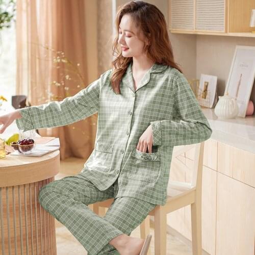 Women Full Pure Cotton Pajamas Set Turn-Down Collar Pijamas Mujer Autumn Plaid Long Sleeve Casual Nightwear Cardigan Homewear