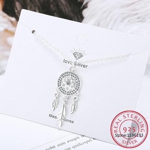 925 Sterling Silver Dreamcatcher feather Charm Necklace Pendant Silver Dream Catcher Pendant Statement Choker Necklace GTLX487