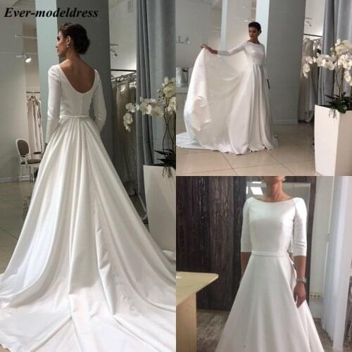 2020 Simple Satin Wedding Dress Long Sleeves Button Back Sweep Train Elegant Bridal Gowns Plus Size Vestido De Noiva Cheap