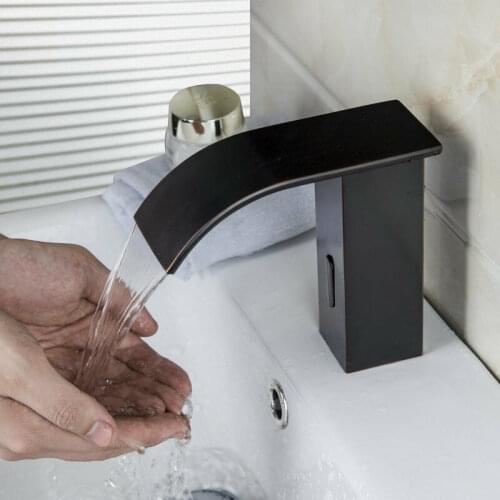 Free ship Single hole black finish waterfall sensor bathroom sink Mixer faucet infrared tap deck mounted