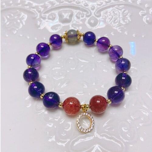 Natural Stone Amethyst Bracelet Strawberry Quartz Bead Women Bracelet Healing Energy Gift Jewelry Chakra Bracelet 14K Accessorie