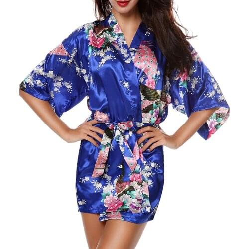 Womens Satin Kimono Royal Blue Robes Peacock and Blossoms Printed Bridesmaid Wedding Nightgown Sleepwear