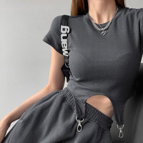 TVVOVVIN Street Hem Irregular Metal Buckle Design Short Croppe T-shirt Round Neck Solid Color Short-sleeved Pullover Womewn Y4AH