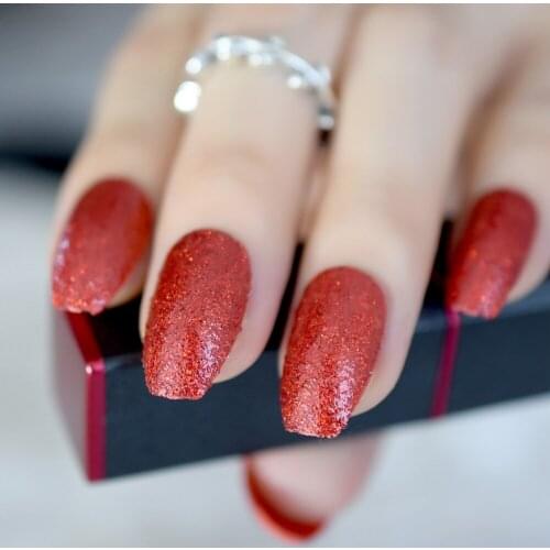 Deep Red Glittery Coffin False Nails Color Square Nail Kit Medium Artificial Nail Tips Gorgeous Glitter Nails