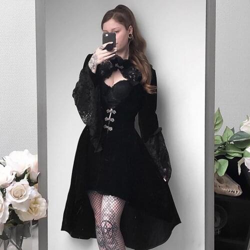 Hot Sell Women Dress Gothic Black Medieval Court V-neck Tunic Hollow Out Lace Long Pagoda Sleeve Fashion Ladies Sexy Dress#G7