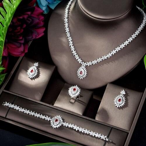 HIBRIDE Luxury Bridal Jewelry Set Red Zirconia Water Drop Flower Necklace Earrings For Women Wedding Accessories Bijoux N-1201