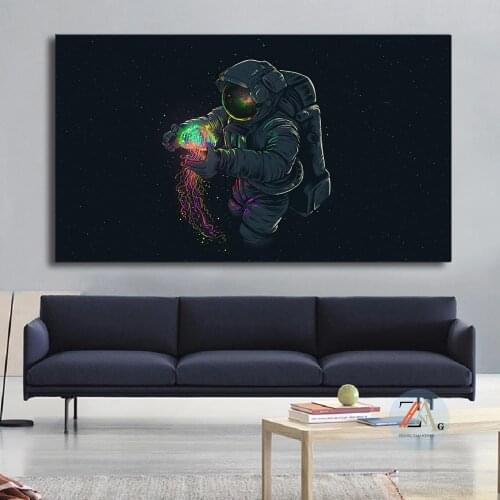 Interesting astronaut playing with jellyfish in space canvas painting poster art and printing modern wall art living room