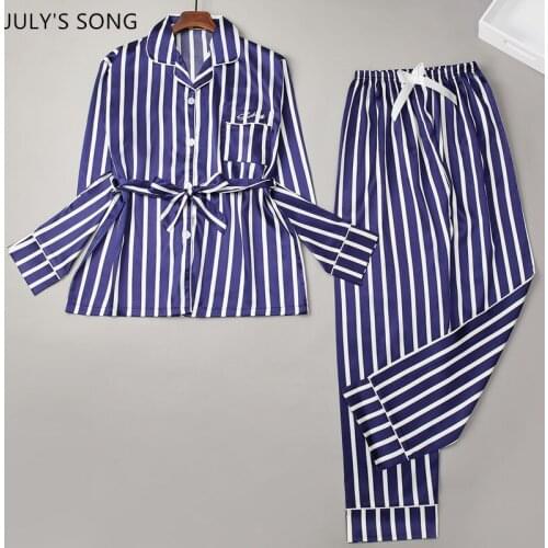 JULYS SONG Women Pajamas Set 2 Pieces Faux Silk Blue White Stripes Belt Female Satin Long-sleeved Trousers Spring Homewear
