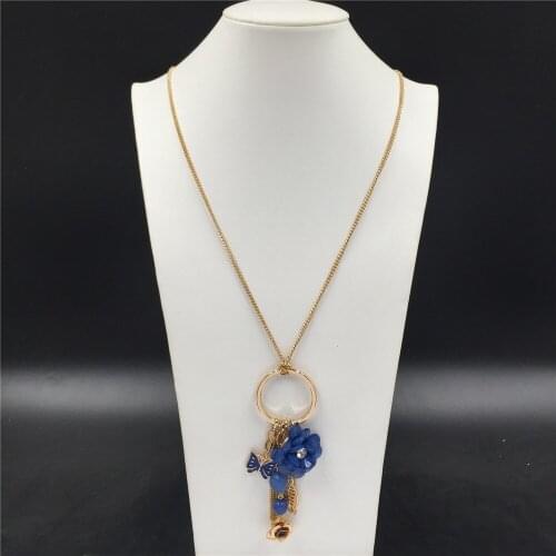 Pretty Gold Color Plating Yellow Blue Flower Butterfly Bead Charm Pendant Long Necklace For Women Girl Elegant Gorgeous Jewelry