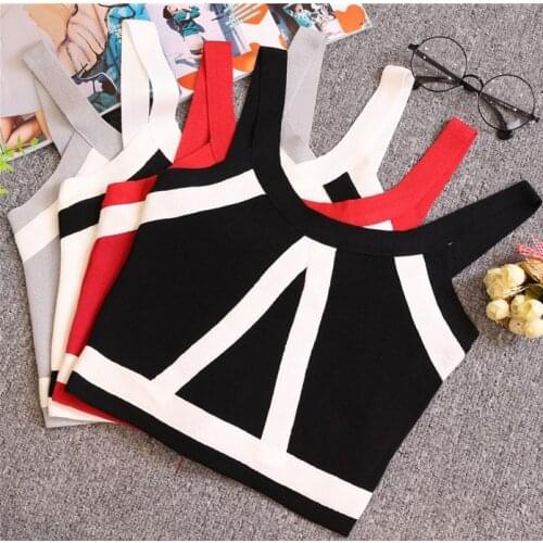 Summer Women Fashion Slim Knitting Tank Crop Tops Female Bodycon Knitted Camisole Sleeveless Short Geometric T shirts 8201
