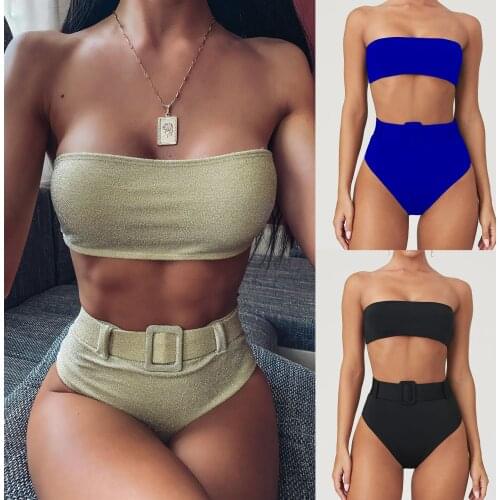 Sexy High Waisted Strapless Tube Top Bikini Set Womens Swimsuit Two Pieces Metal Buckle Belt High Waist Beachwear Swimwear