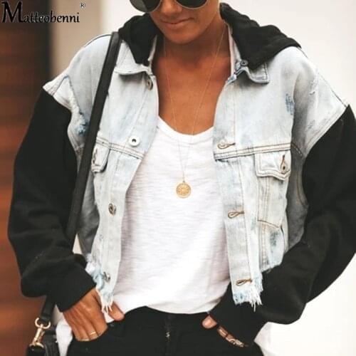 Autumn Women Sexy Ripped Patchwork Denim Jackets Vintage Casual Jean Jacket Long Sleeve Winter Female Coat Streetwear Plus Size