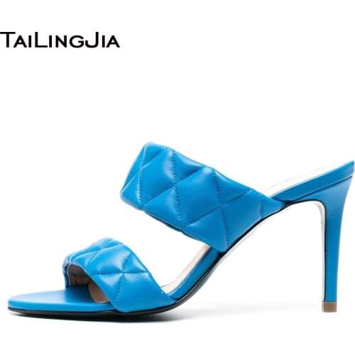 Blue PU Leather Womens Mules Sandals High Heels Slippers Ladies Round Toe Dress Shoes Big Size Slides 2021 New Party Footwear