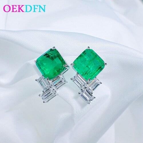 OEKDFN 100% 925 Sterling Silver Stud Earrings Cut Emrald Created Moissanite Gemstone Wedding White Gold Studs Fine Jewelry