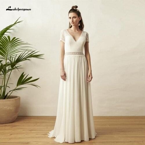Lakshmigown Ivory Boho Bridal Dress A Line Chiffon Wedding Dresses Beach 2021 V-neck Cap Short Sleeves Sukienki Damskie