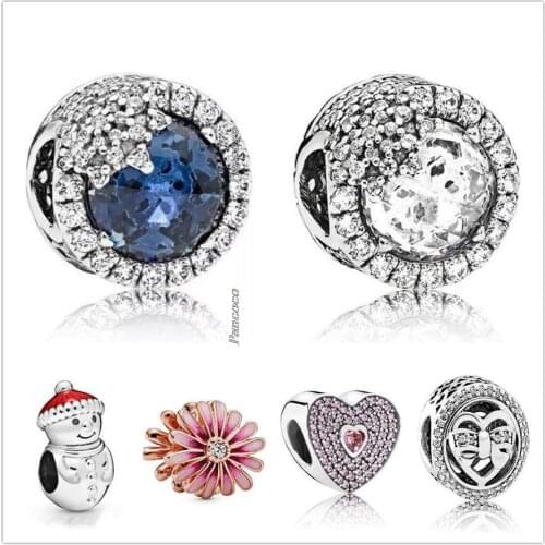 Authentic 925 Sterling Silver Rose Gold Pink Daisy Flower With Crystal Charm Beads Fit Pandora Bracelet & Necklace Jewelry