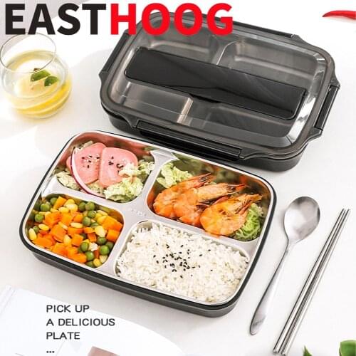 Portable Compartment Stainless Steel 304 Lunch Box with Spoon Microwave Bento Box for Adult Children Food Container