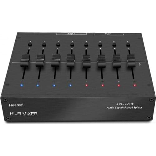 Audio signal mixing distributor, 4 inputs and 4 outputs, band mixer, pre-stage headphone amplifier input and output same time