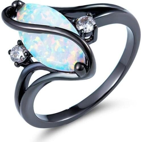 Black Gun Plated Marquise Shape Opalite Opal Finger Ring for Women Trendy Jewelry