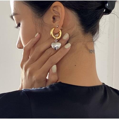 Brass With 18K Gold Double Color Heart Statement Earrings Women Jewelry Punk Party Gown Runway Rare Korean Japan Boho Hiphop