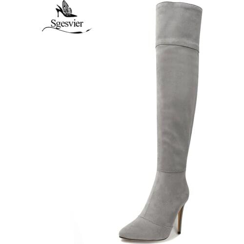 Sgesvier Women Thigh High Boots Stilettos Sexy Over the Knee Boots Pointy Toe High Heel Zip Long Boots Black Gray Shoes OX963