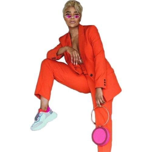 2 Pieces Modern Women Suits Bright Orange Custom Made Fashion Coat+Pant Formal Casual Fit Slim Party Suits For Women