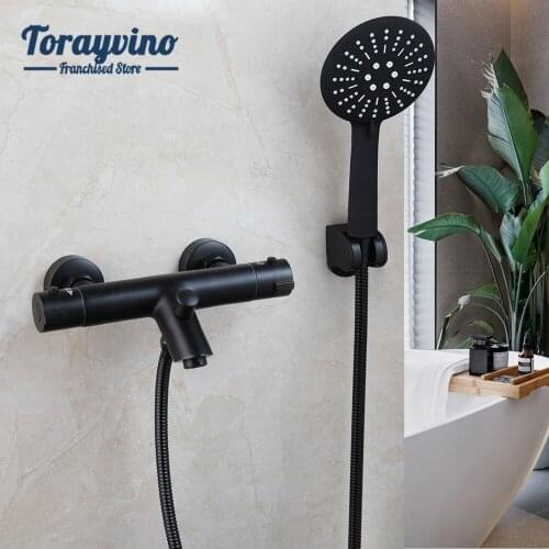 Torayvino Black Thermostat Bathroom Brass Wall Mounted Shower Set 2 Way Mixer Faucet Round&Cylinder Hand Shower Spray Tap