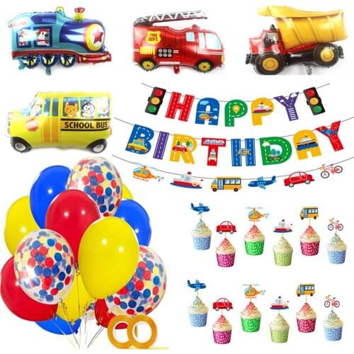 Boy Car Transport Decoration Happy Birthday Banner School bus Train Fire truck Engineering Vehicle party Colored Confetti Ballo