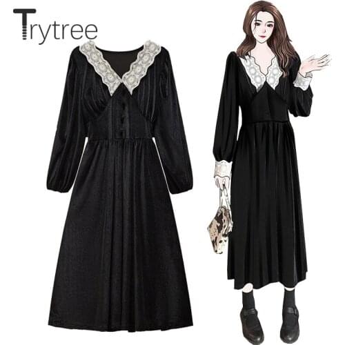 Trytree 2021 Spring Autumn Womens Dress Casual Lace V-neck Velvet A-line Patchwork Lace Sleeve Elegant Office Lady Black Dress