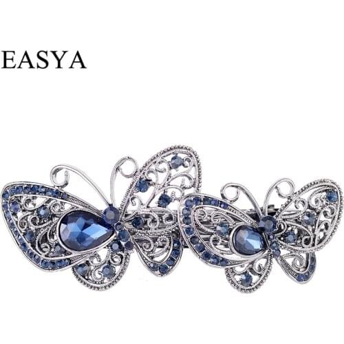 EASYA Vintage Fashion Double Butterfly Hairpin Hair Clips Ornaments New Arrival Big Rhinestone Crystal Animal Barrettes Hairwear