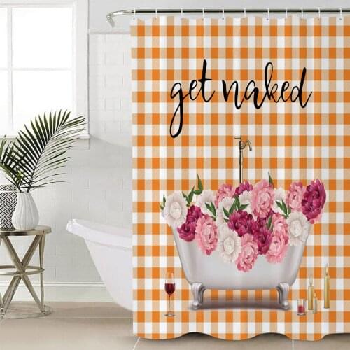 Bathtub Flower Orange Lattice Shower Curtain Bathroom Decorative Waterproof Polyester Fabric Curtain for Bathroom