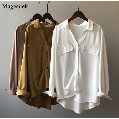 Office Lady White Long Sleeve Shirt Women 2021 Autumn Retro Casual Loose Satin Silk Blouse Single-breasted Women Clothing 15884