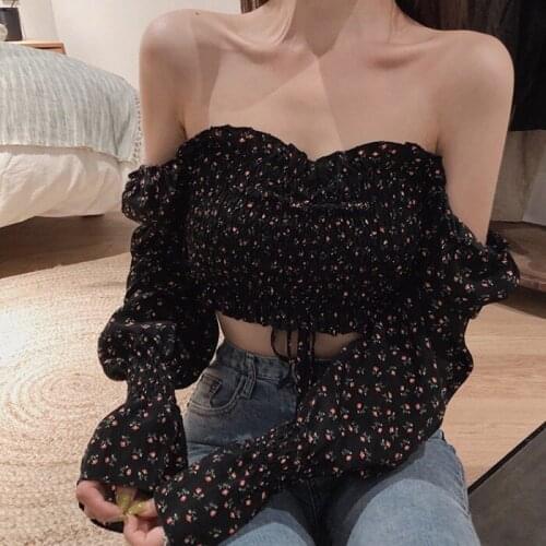 Summer Women Blouses 2020 Sexy Ladies Streetwear Slash Neck Off Shoulder Chiffon Ruffles Tops Female Puff Sleeve Shirts Crop Top
