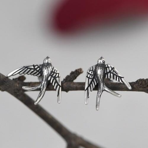Cute Vintage Swallow Shape Small Stud Earrings Jewelry 2021 Ethnic 925 Sterling Silver Bird Piercing Earrings for Women EH014