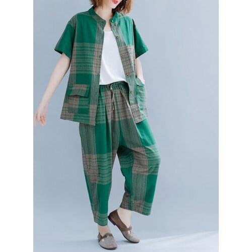 2021 New Arrival Plaid Fashion Women Clothes Sets Cotton Linen Loose Blouse Shirts Pants 2 Two Piece Summer Casual Set Suits