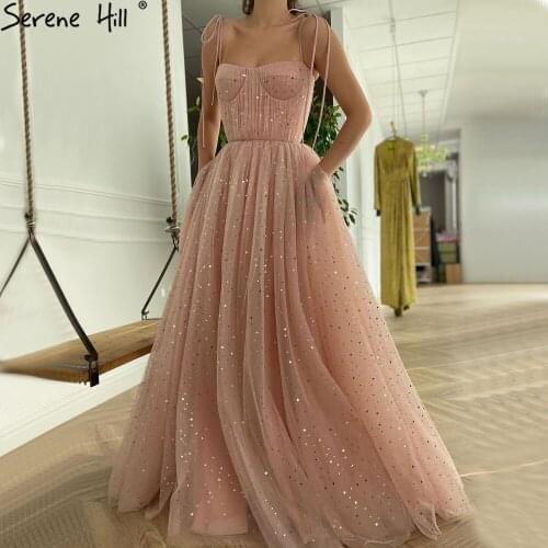 Serene Hill Pink Sparkle A-Line Evening Dress 2021 Spaghetti Strap Sexy Women Formal Party Wear Gown CLA70866