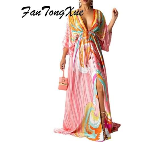 Dresses for Women 2021 Tropical Print Slit Beach Style Maxi Dresses for Women Loose Batwing Sleeve Deep V Neck Sexy Dress Lady