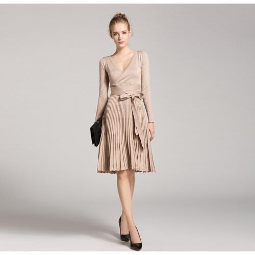 High Quality V Neck Casual Pleated Knitted Womens Dresses New Arrival 2018 Long Sleeve Autumn Winter Dress Women Elegant Dress