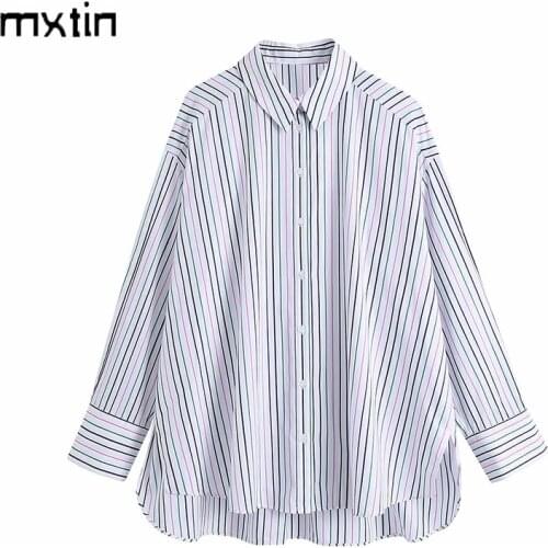 2021Women Fashion Color Stripes Oversize Blouses Vintage Irregular Lapel Collar Long Sleeve Female Shirts Blusas Casual Tops
