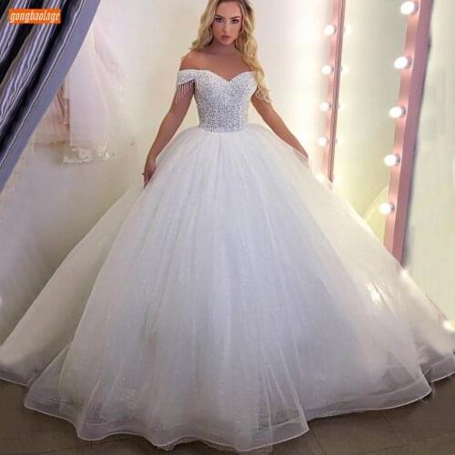 White Beaded Wedding Dress 2020 Off Shoulder Lace Up Tulle Ball Gown Bridal Dresses Long Ivory 2020 Vestido De Noiva Custom Made