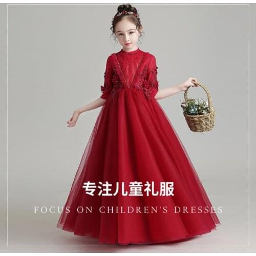 Kids Catwalk Dress 2020 New Beautiful Trailing Ball Gown Lace Beading Design Wedding Birthday Party Vestidos Dress For Girl L696