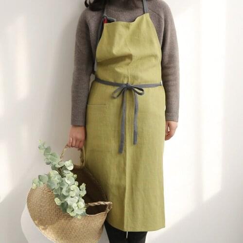 Japanese Style Cotton and Linen Apron Loose Home Daily Kitchen Sleeveless Solid Color Florist Bakery Shop Work Clothes