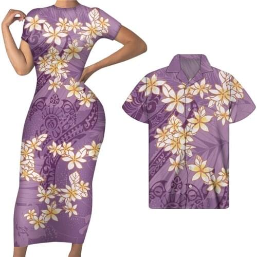HYCOOL Summer Plain Hibiscus Print 2pcs Set Couple Clothing Women Summer Short Sleeve Long Bodycon Purple Dress Match Men Shirts