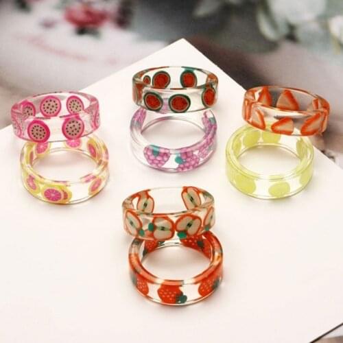 Korean Niche Fashion Fresh Fruit Transparent Resin Acrylic Ring for Ladies and Girls New Strawberry Lemon Finger Jewelry Gifts