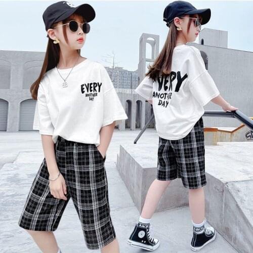 2021 Summer Girls Sets Cute Letter T Shirt + Plaid Pants 2pcs/set Kids Fashion Childrens Tracksuits Teenages Clothes Suits