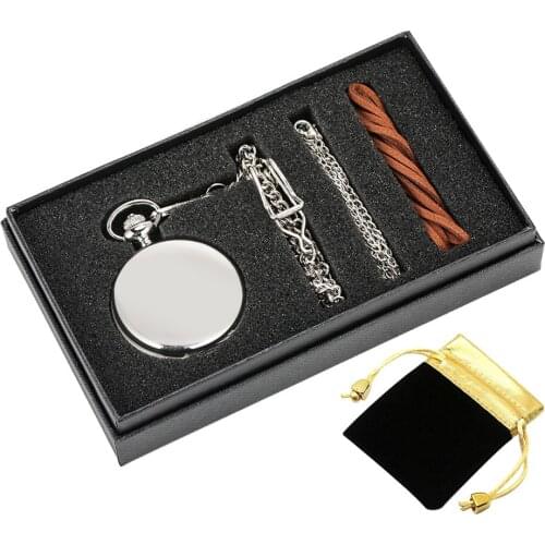 Hot Sale Roman Numerals Display Silver Smooth Watch Case Quartz Pocket Watch Box Set Necklace Chains Gifts Men Women