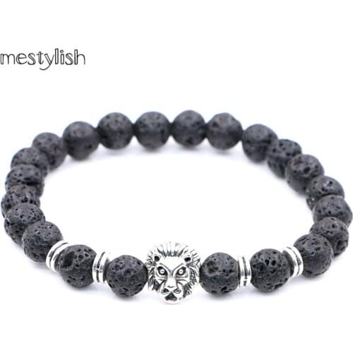 Mestylish Fashion Lion Head 8MM Lava Stone Matte Onyx Beads Volcanic Antique Silver Elastic Bracelets for Men and Womens Gift